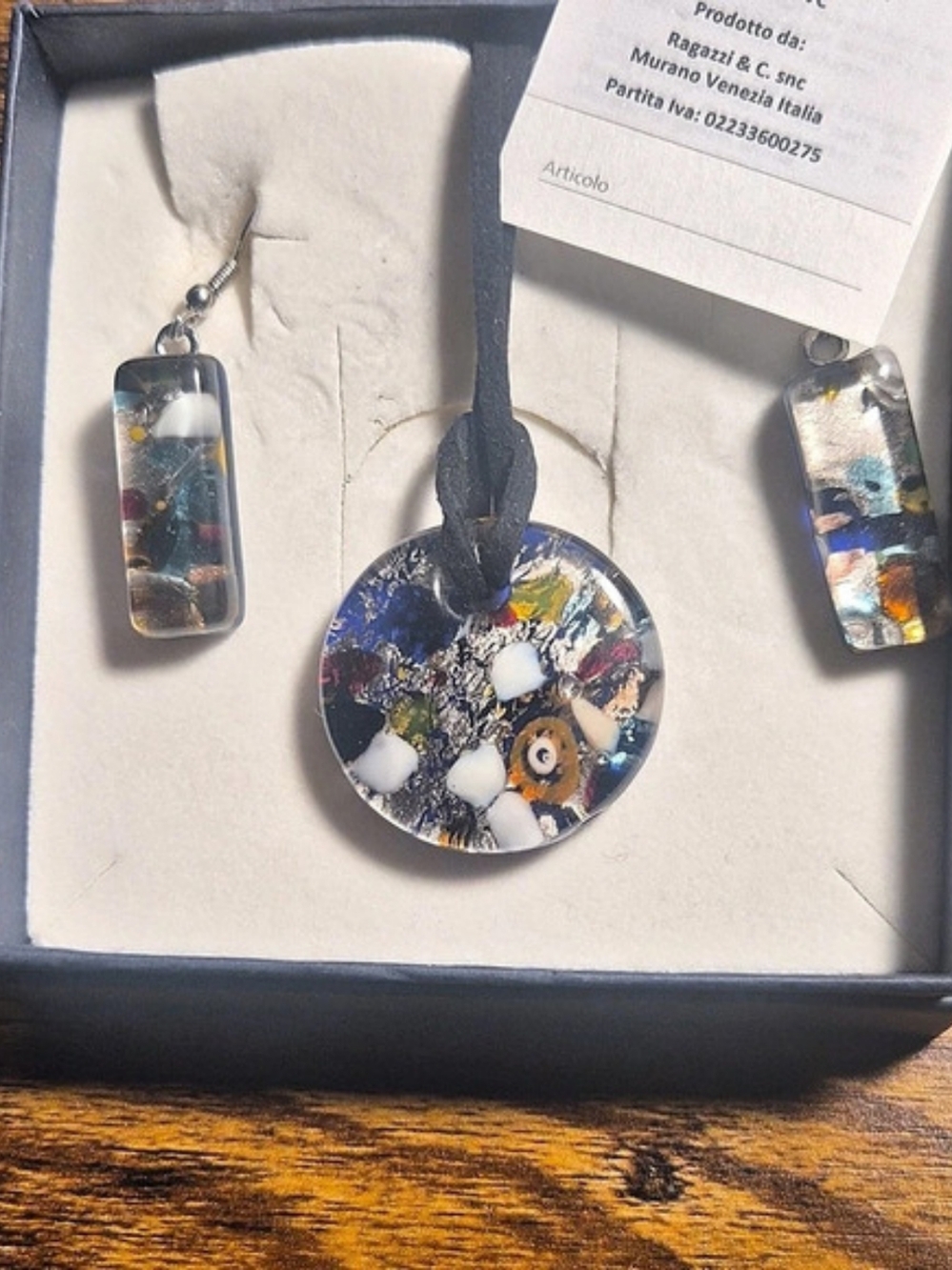 Authentic Murano Glass Jewelry Set Pendant Necklace & Earrings Italy